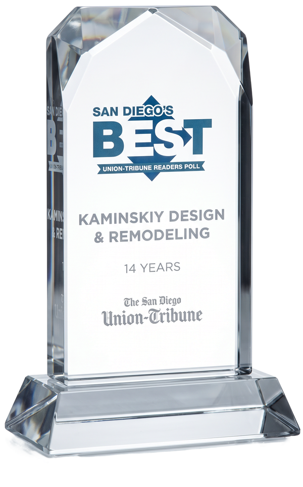 San Diego Union-Tribune Readers Poll crystal award to Kaminskiy Design and Remodeling