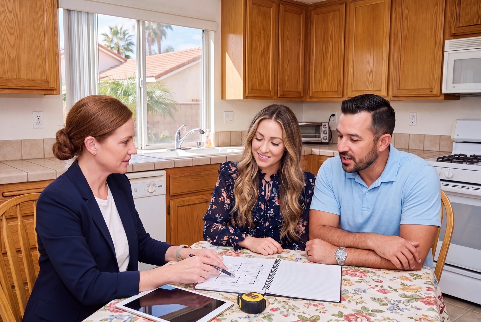 A Kaminskiy designer at a kitchen table with homeowners during an in-home consultation