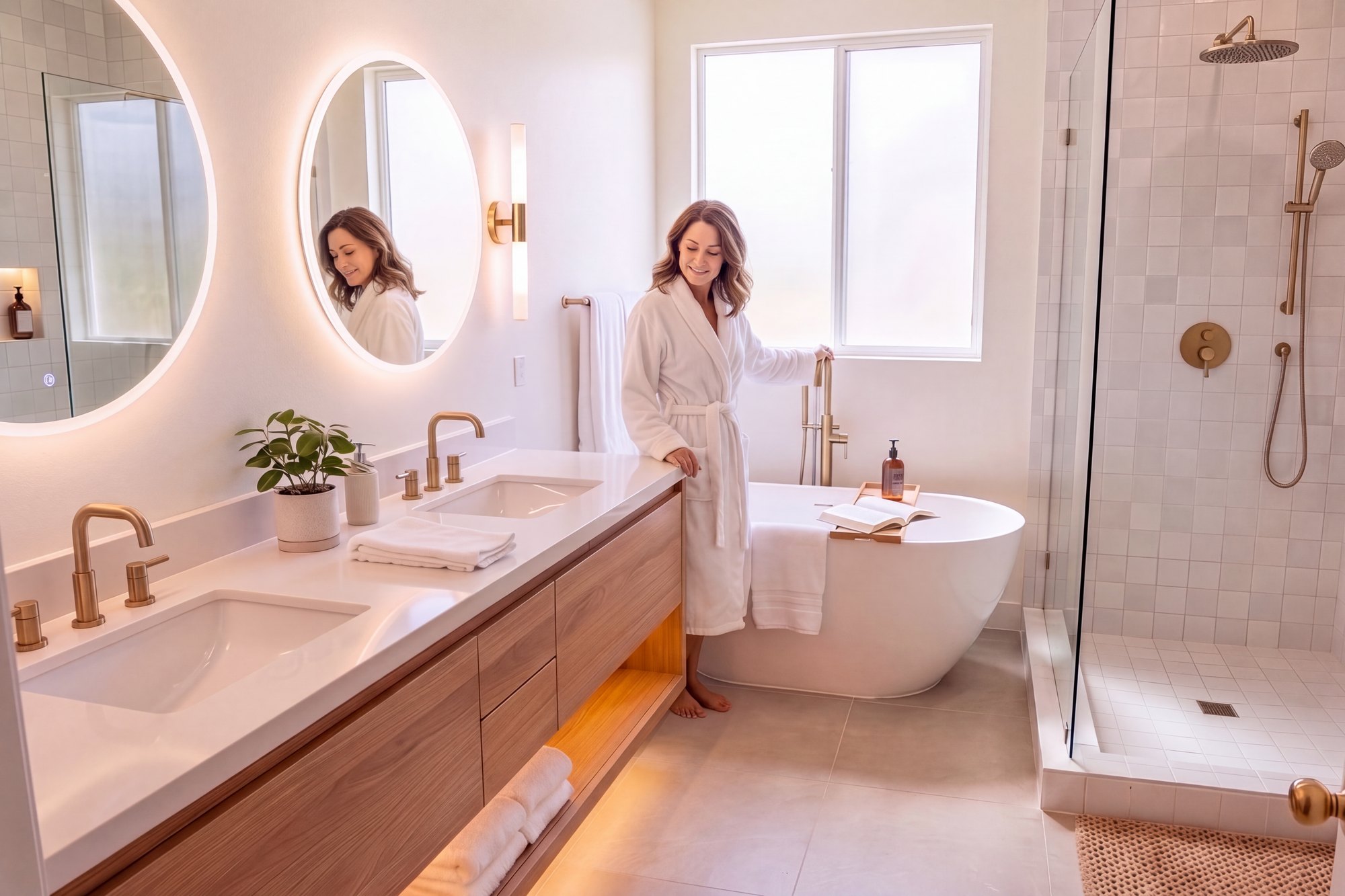 After: the same bathroom as a spa, with a floating white oak double vanity, lit round mirrors, a freestanding tub and a walk-in shower