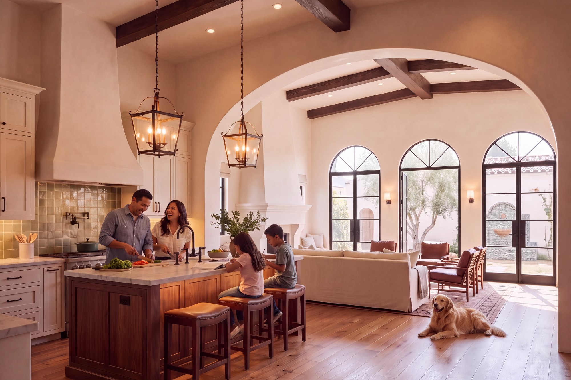 After: the same home opened into a Spanish-style kitchen and great room with an arched opening, dark beams, iron lanterns, a walnut island and arched steel doors to the courtyard
