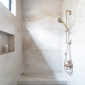 Master shower with seating bench