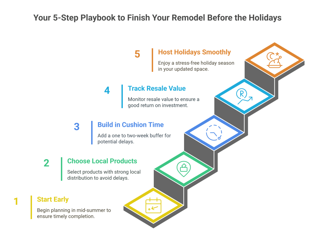 5-step playbook to finish a remodel before the holidays: start early, choose local products, add cushion time, track resale value, and host the holidays smoothly.