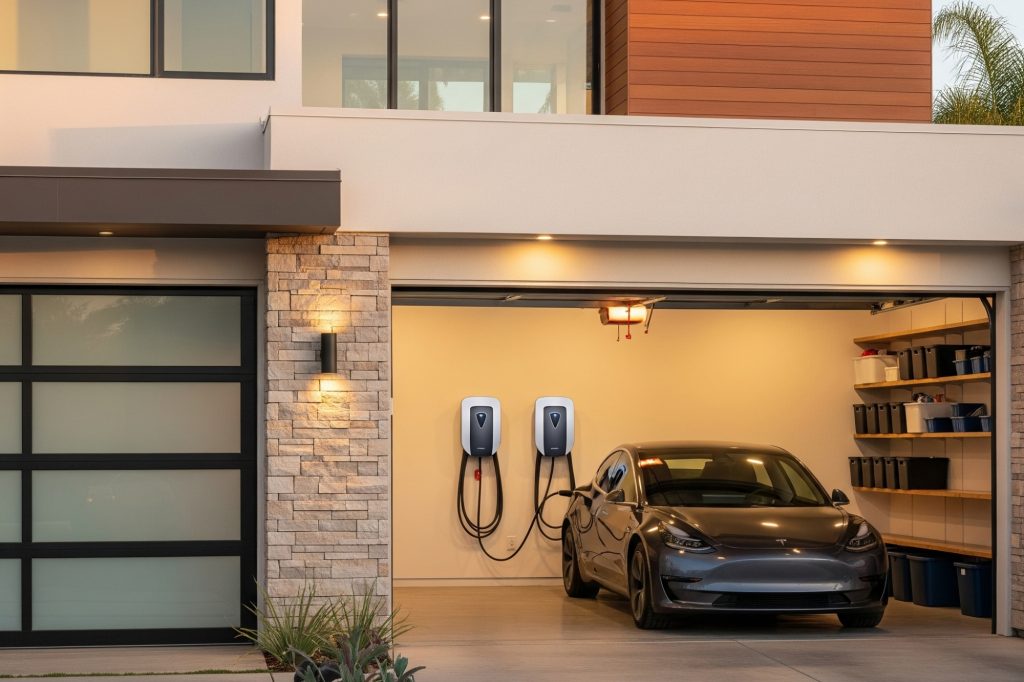 San Diego Trend 2025 Modern garage with EV chargers and an electric car
