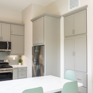 Counter-depth fridge flanked by tall pantry cabinets