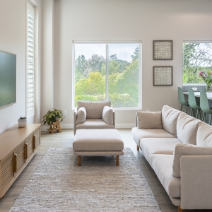 ADU entry with modern door, TV console, and plants.