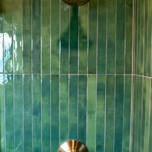 Master bathroom shower head and valve on green tile