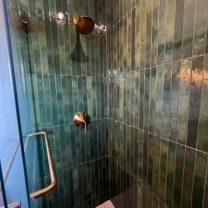 Inside the primary bathroom shower with green tile