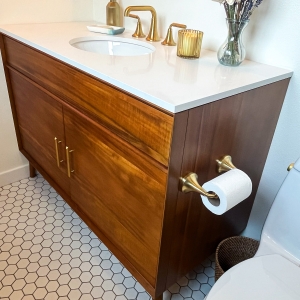 Angled view of the primary bathroom vanity